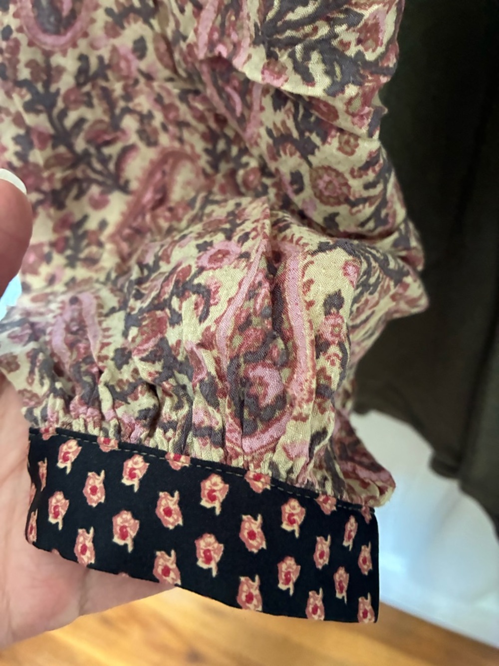 Free People Olive Green Long Sleeve Top with Pink Paisley Sleeves - Picture 5 of 5